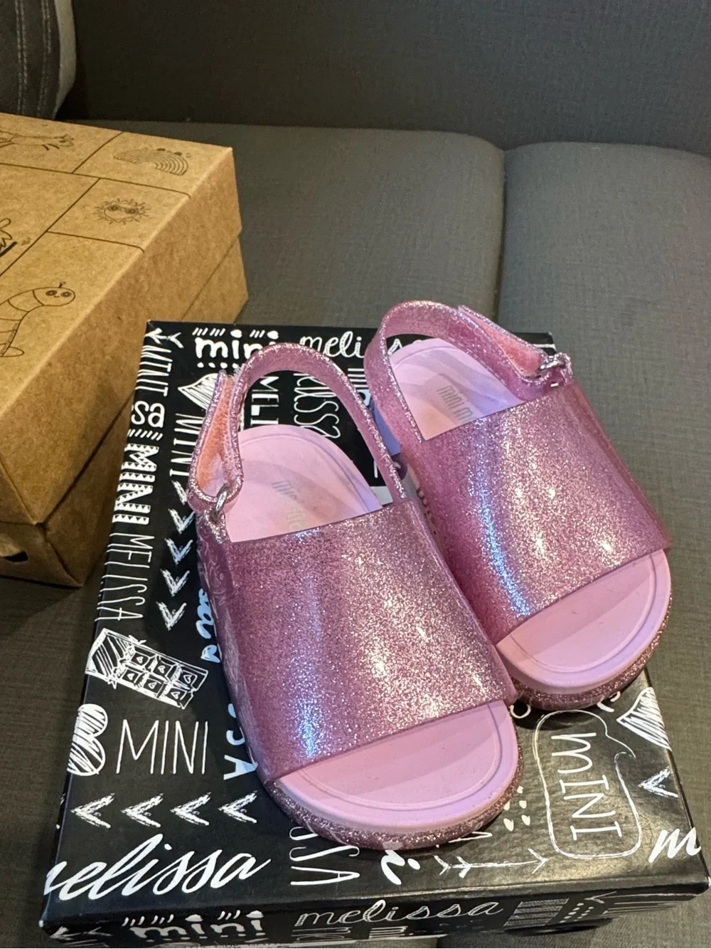 Mini Melissa Kids Pink Glitter Slide Sandals